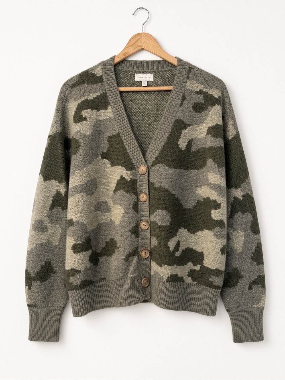 Lucky Brand Olive & Gray Camo V-Neck Button Cardigan size m super soft sweater